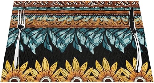 Miniatura 7 de 6 PCS PVC Placemats Set Place Mats Aboriginal Ornaments and Flower Non-Slip Weave Place Mats 12" x 18" Farmhouse Durable Table Mat Set for Family