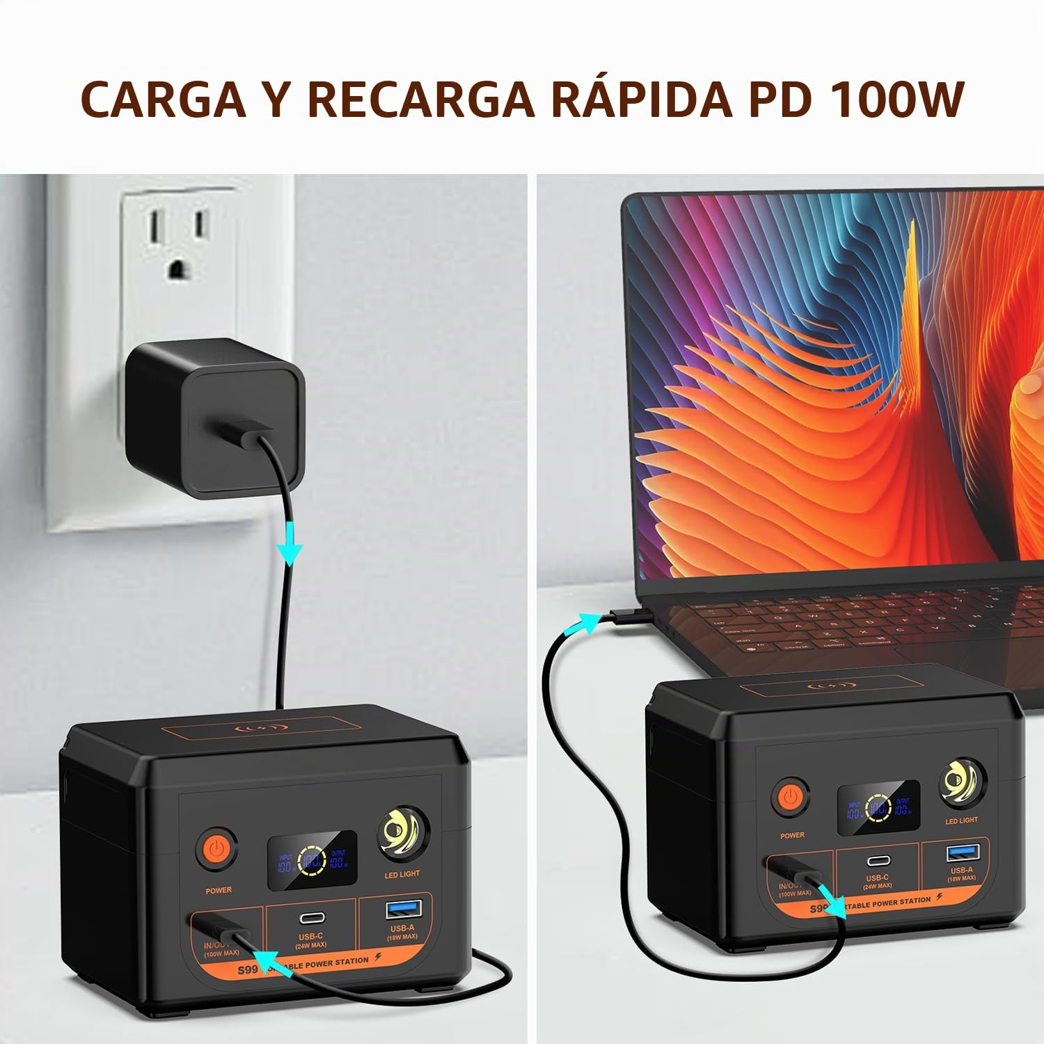 POWKEY LiFePO4 - Estación de alimentación portátil (30000 mAh, 96 Wh, 100 W, luz LED USB-C) | Batería externa para portátil, estación de energía solar, carga rápida USB-C, compatibilidad universal