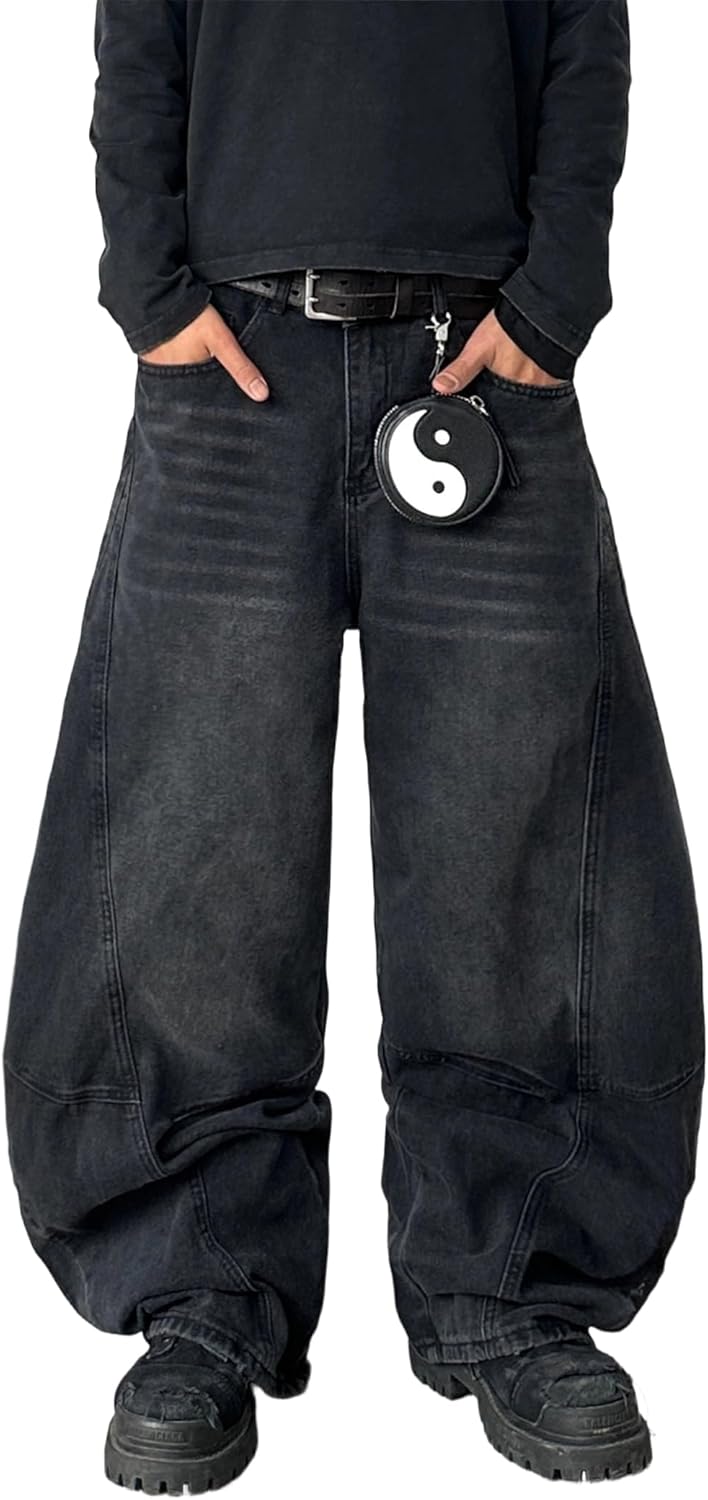 Mens Baggy Jeans Mid Waist Washed Denim Pants Irregular Sutures Trousers Wide Leg Jeans with Pockets
