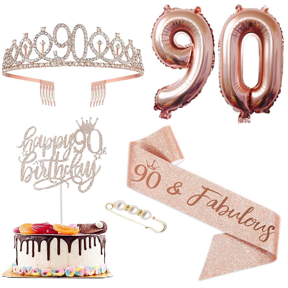 Couronne Et Écharpe 90 Ans Anniversaire Pour Femme - Diadème Or Rose Et Écharpe Happy 90th Birthday