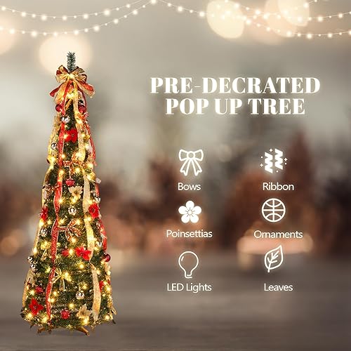 Miniatura 4 de VINGLI Árbol de Navidad desplegable preiluminado de 6 pies con luces, árbol de Navidad artificial predecorado, árbol de Navidad plegable, decoración