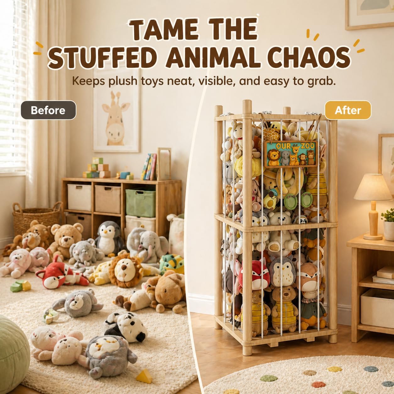 Stuffed Animal Storage Zoo Tower, Wooden Stuffed Animal Holder Organizer for Kids Playroom and Nursery, Large Plush Toy Display Cage with Flexible Bungee Cords, Natural Pine Wood