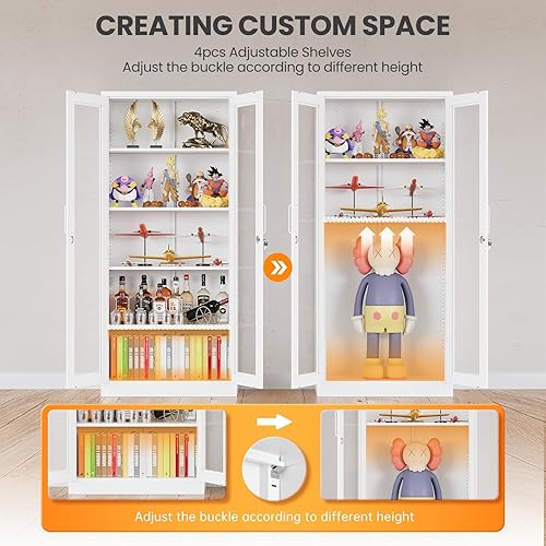 Miniatura 5 de Vitrina con cerradura con puerta de cristal, gabinetes Curio de metal de 71 pulgadas de alto con estantes ajustables, vitrina de licor blanco para
