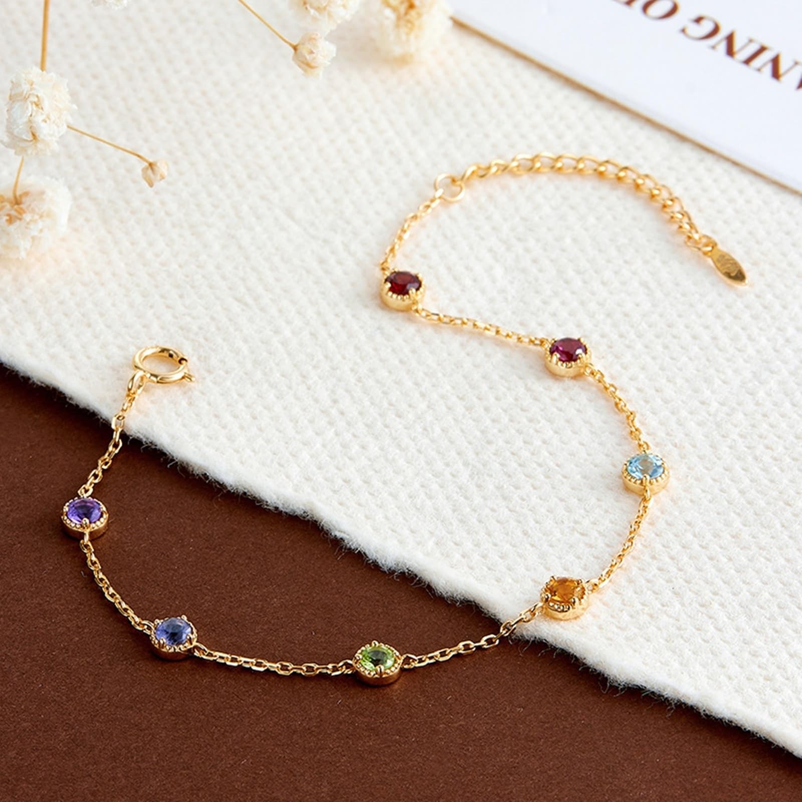 Armband 9K/14K/18K Gold Echtschmuck mit Bunt Edelstein Zart Kette