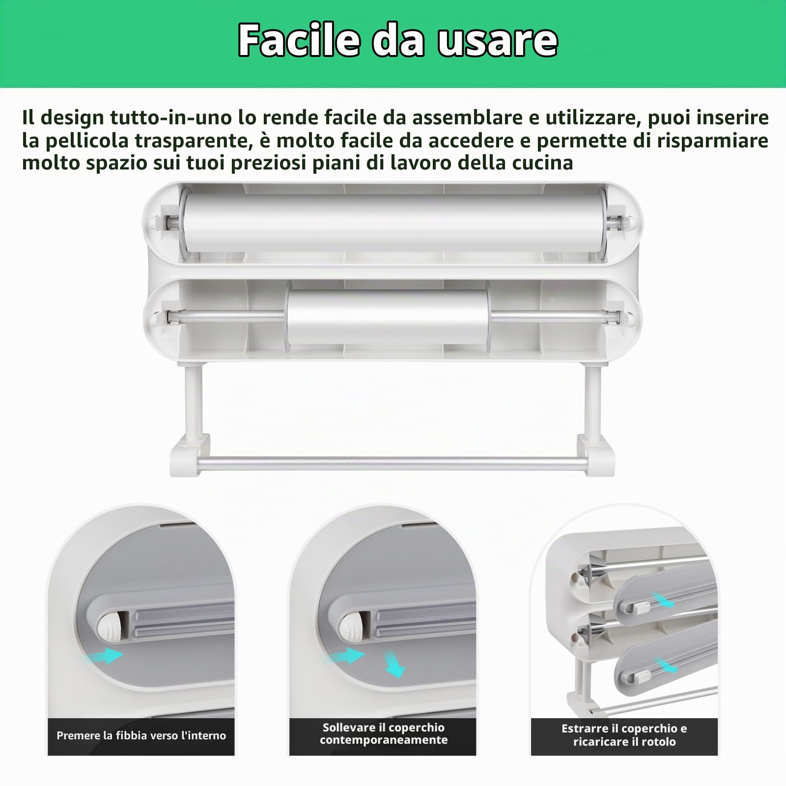 DBREAKS Supporto per rotoli di carta da cucina da Parete (3 rotoli), Porta Rotoli Alluminio e Pellicola, Taglierina per Pellicola Trasparente, Dispenser Carta Stagnola in Alluminio，con film Alimentare