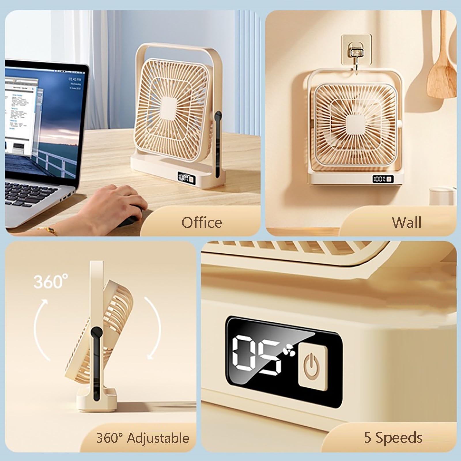 Ventilatore da tavolo oscillante portatile, USB, con 5 velocità, funzionamento a batteria, raffreddamento esterno, ultra silenzioso, per ufficio e dormitorio (beige)
