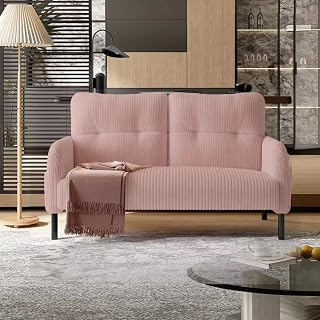 Modern Small Loveseat Sofa, Corduroy Sofa for Living Room, Yellow Couch, Upholstered Mini Couch with Metal Legs, Side Pockets, Comfy Love Seat for Bedroom, Dorm, and Apartment (Pink)