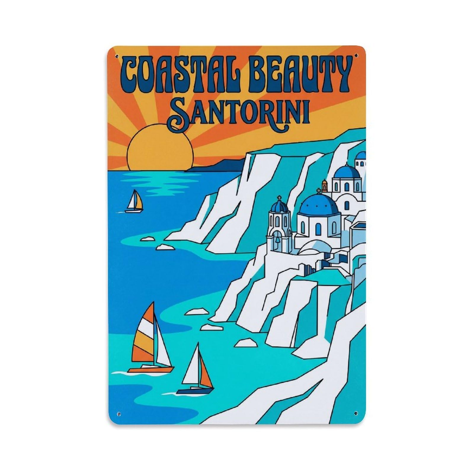 Gead 8X12inch Style Vintage Travel Santorini Coastal Beauty Metal Tin Sign