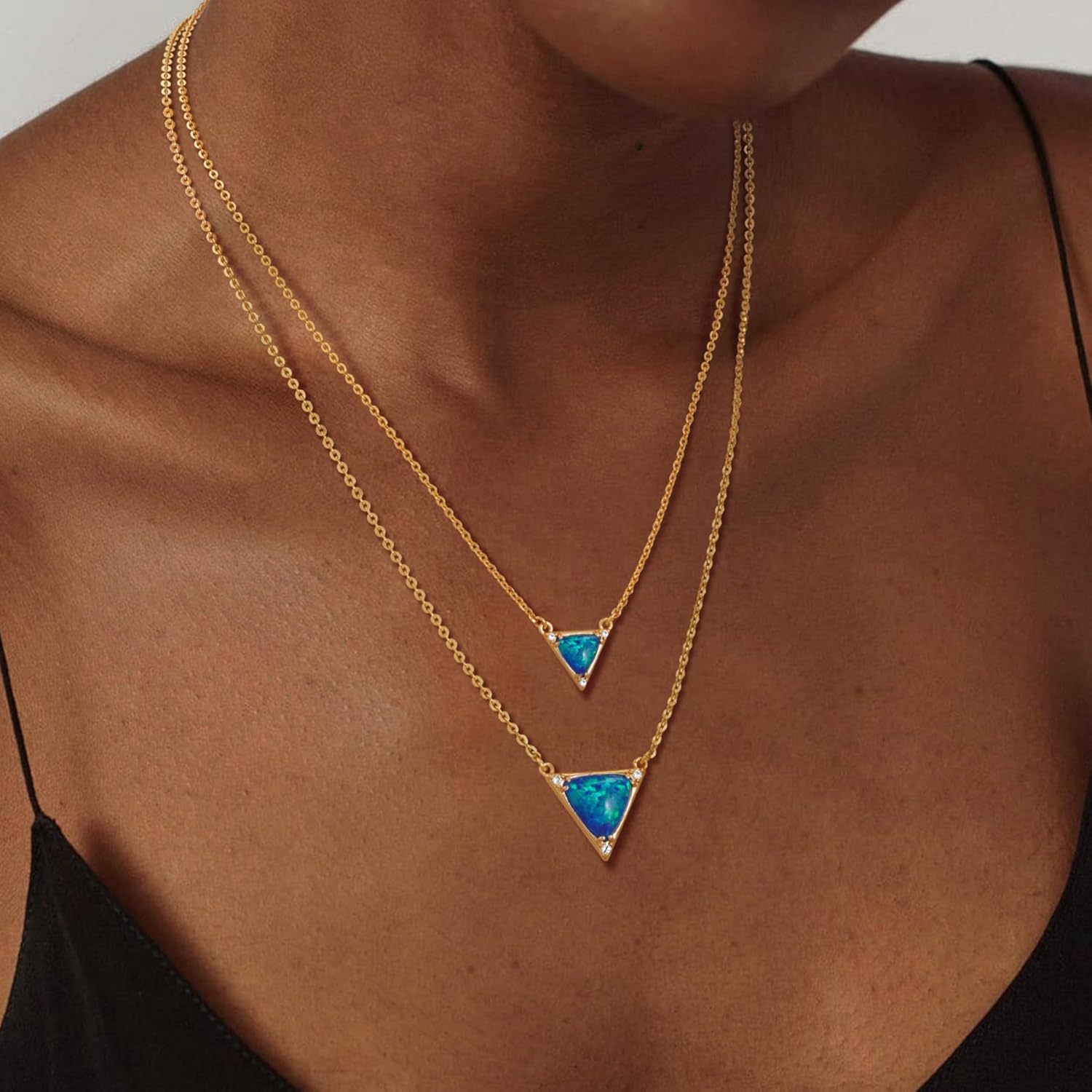 Triangle Shape Blue Opal Necklace for Women 14K Gold Plated Cubic Zirconia Dainty Created Opal Pendant Necklaces Opal Jewelry - Image 3