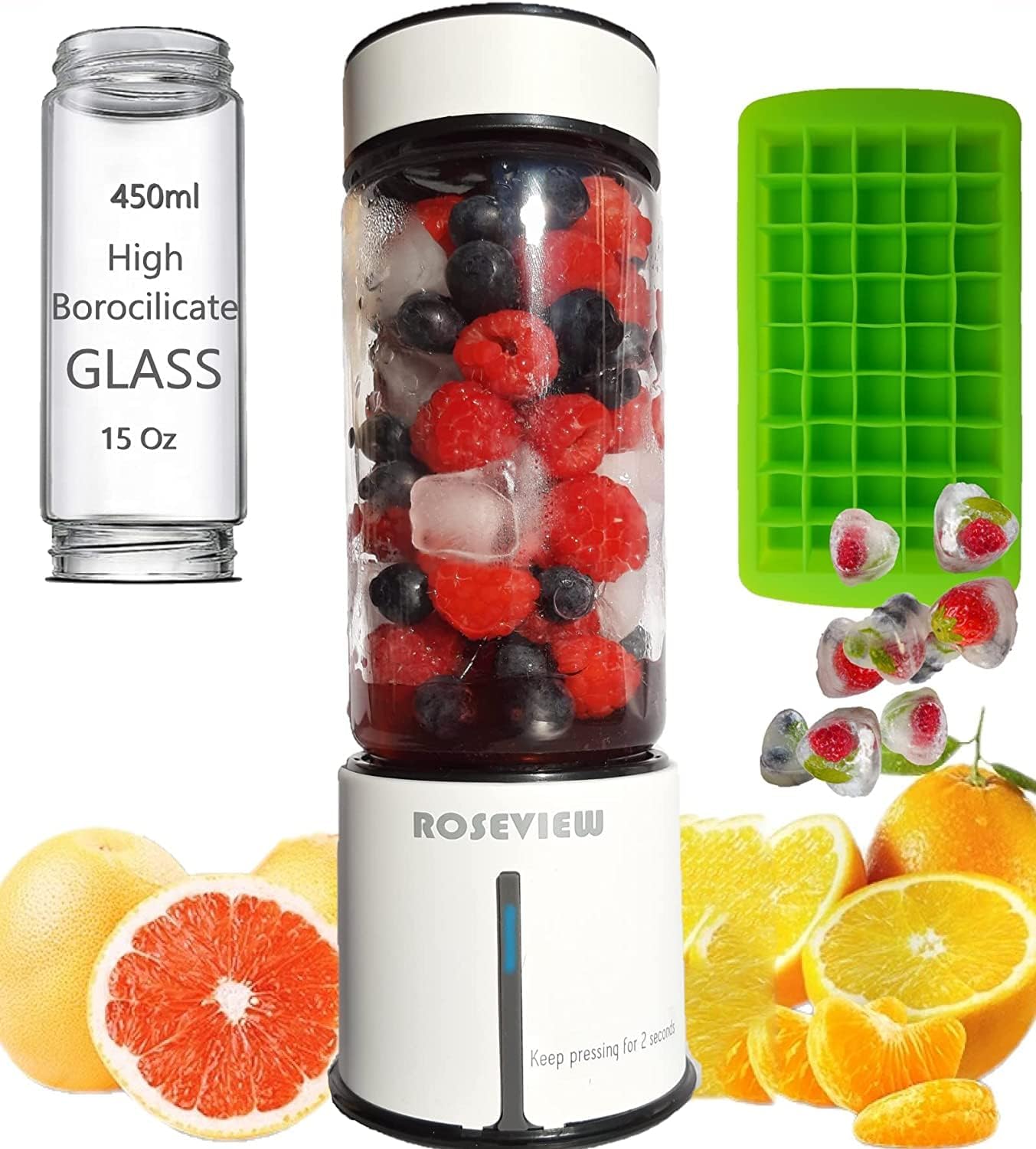 Portable Smoothie blender ROSEVIEW Glass bottle USB rechargeable mini Handheld Ice Shakes Cup 2 speed blend juicer Cordless Personal smoothies maker Fruit mixer (Metallic)