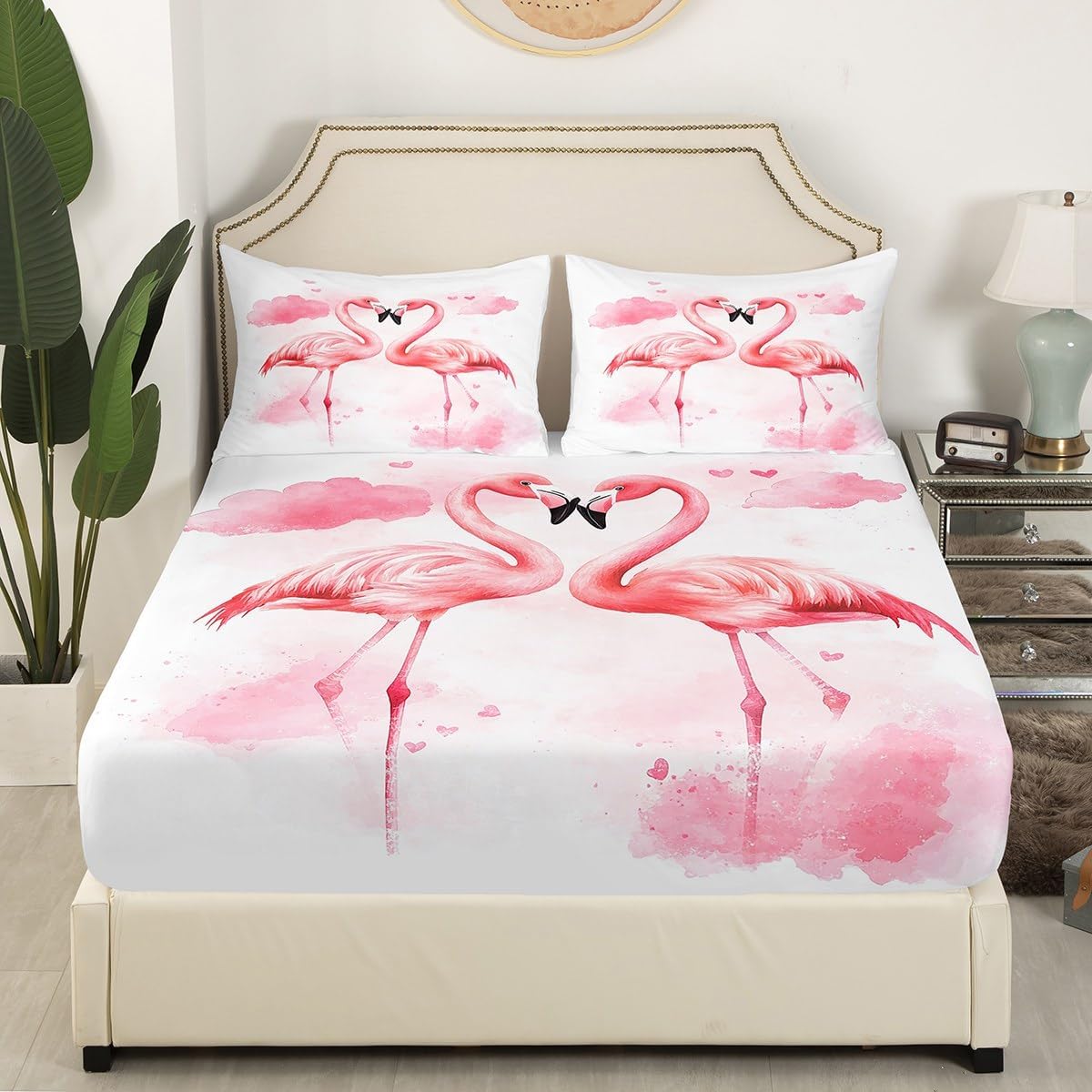 Feelyou Pink Flamingo Sheet Set King Size Kids Tropical Flamingo Ocean Bed Sheets Set for Boys Girls Teens Romantic Animal Sheets with Deep Pocket Fitted Sheet Breathable Bird Bedding Set Bed Set