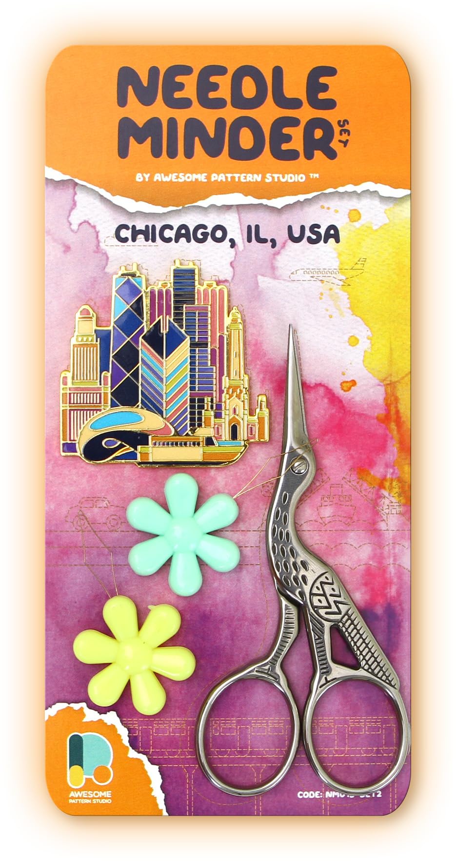 Awesome Pattern Studio Chicago Magnetic Needle Minder Set Includes Needle Minder, 2 Threaders, Crane Scissors. Enamel Pin for Cross Stitch, Embroidery and Craft