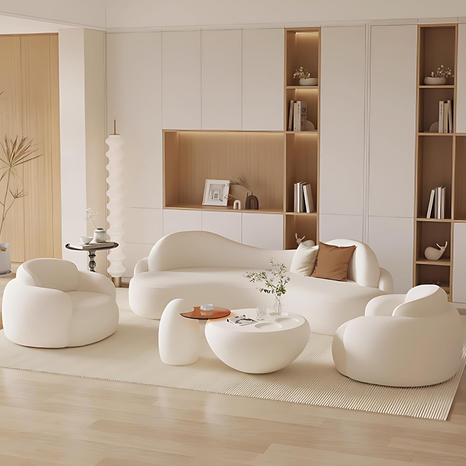 Curved Sectional Couches - Comfortable Sectional Sofa Set for Living Room with Chair, Solid Wood Frame Couch Set with Coffee Table for Living Room (Off-White-Chair*2,67IN)