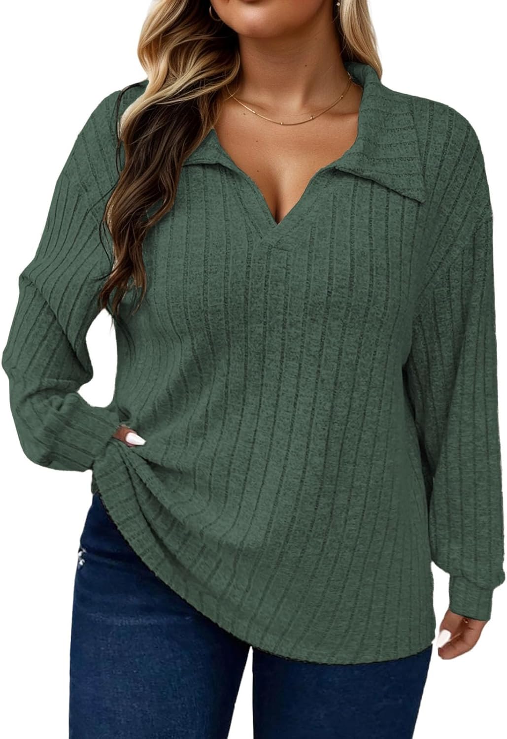 ROSRISS Plus Size Tops for Women Casual Knit Sweaters Going Out Lapel V Neck T-Shirts Lightweight Long Sleeve Blouses