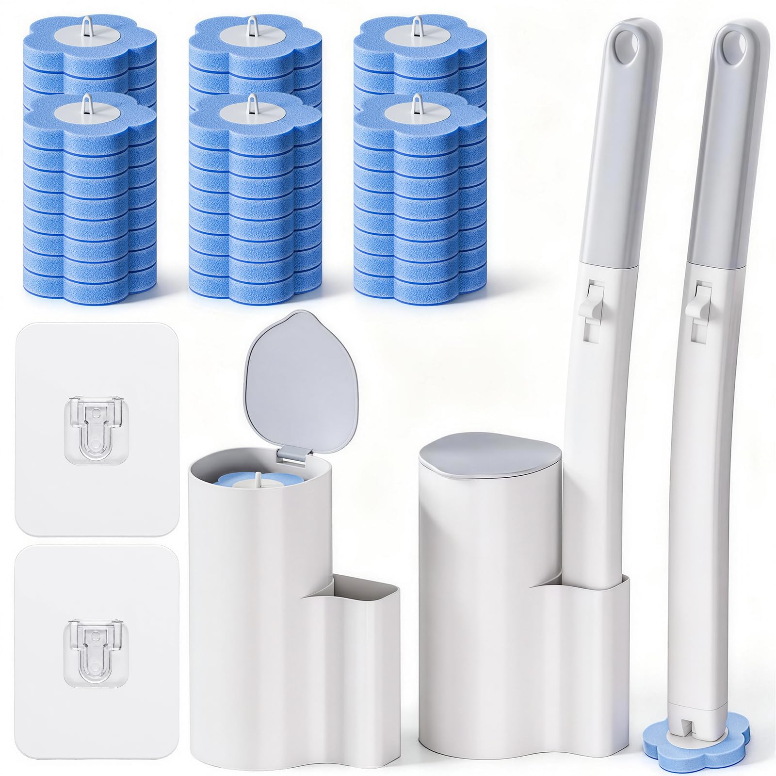Dayacoco Disposable Toilet Brush 2 Pack, with48 Cleaner Refills, 2 Extended Handle Toilet Brush and 2 Wall Mounted Holder, for Bathroom Cleaning, Toilet Bowl Cleaners, Hygienic Bathroom Cleaning