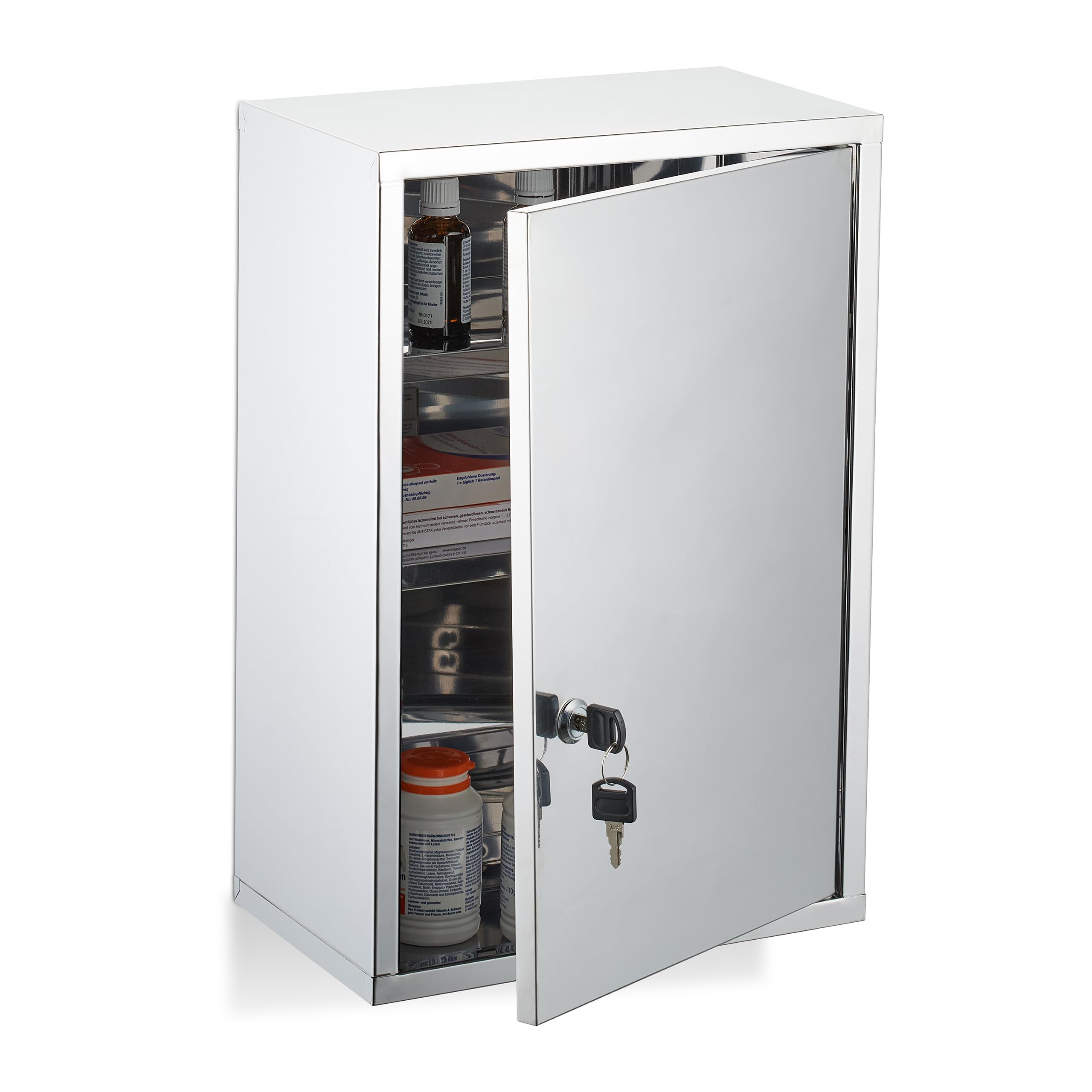 Relaxdays Medicine Cabinet, 3 Shelves, First Aid Storage, Stainless Steel, Frosted Glass, 45x30x18 cm, Lockable, Silver