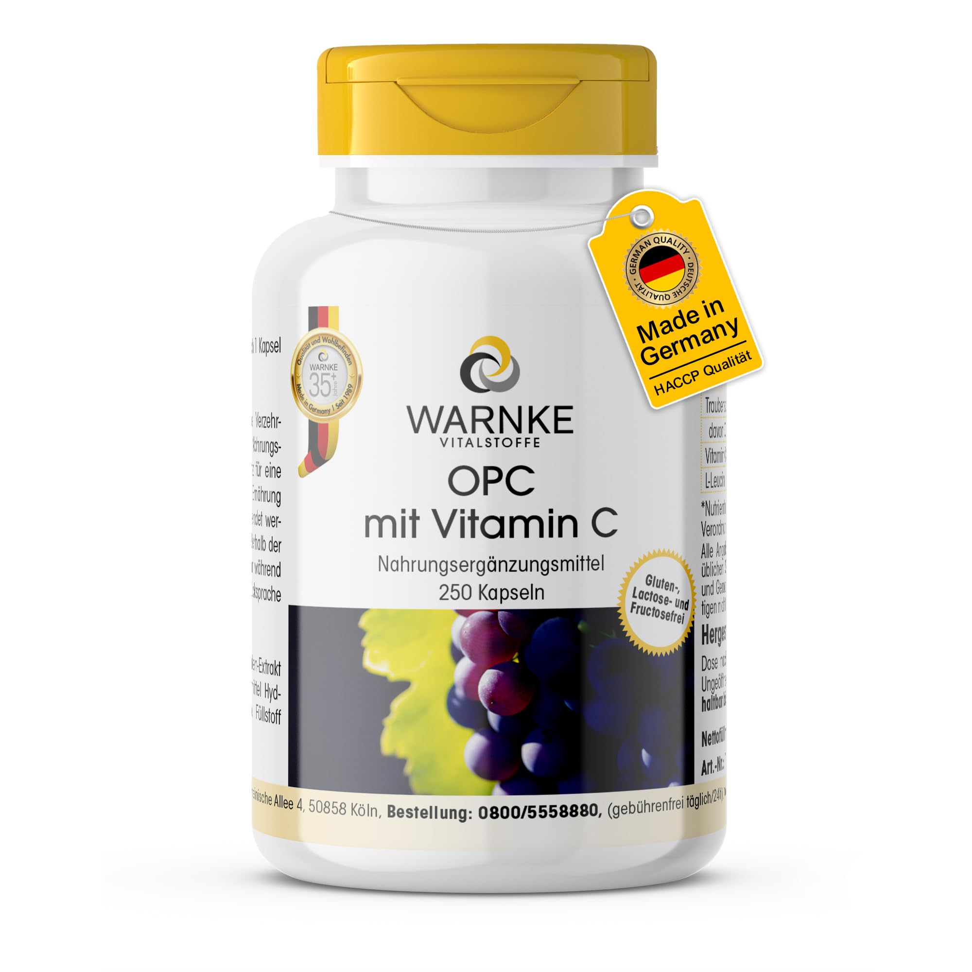 OPC Traubenschalenextrakt - 200mg Vitamin C + 60mg OPC pro Tagesdosis - 250 Kapseln - schluckfreundlich - vegan | Warnke Vitalstoffe - Deutsche Apothekenqualität