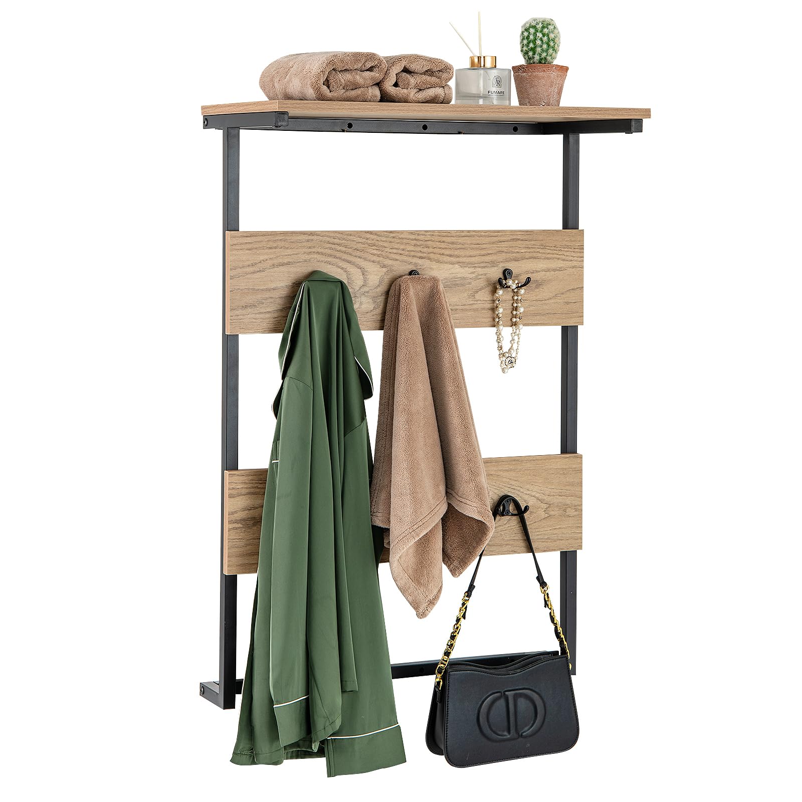 COSTWAY Wandgarderobe mit Ablage, Wandregal mit 6 Haken, Garderobenleiste industriell mit Metallrahmen, Kleiderstange Garderobenpaneel für Eingang, Wohnzimmer, Schlafzimmer, Natur