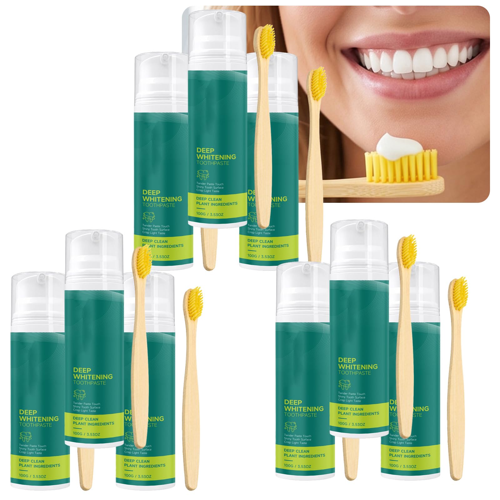 Dentifricio Pulizia Profonda, Pasta Sbiancante a Base Vegetale con Spazzolino in Legno Incluso, Gel Botanico, Crema Aloe Vera, Pompa Formula Menta, Pasta Alito Fresco, Dentifricio Senza Fluoro (9PCS)