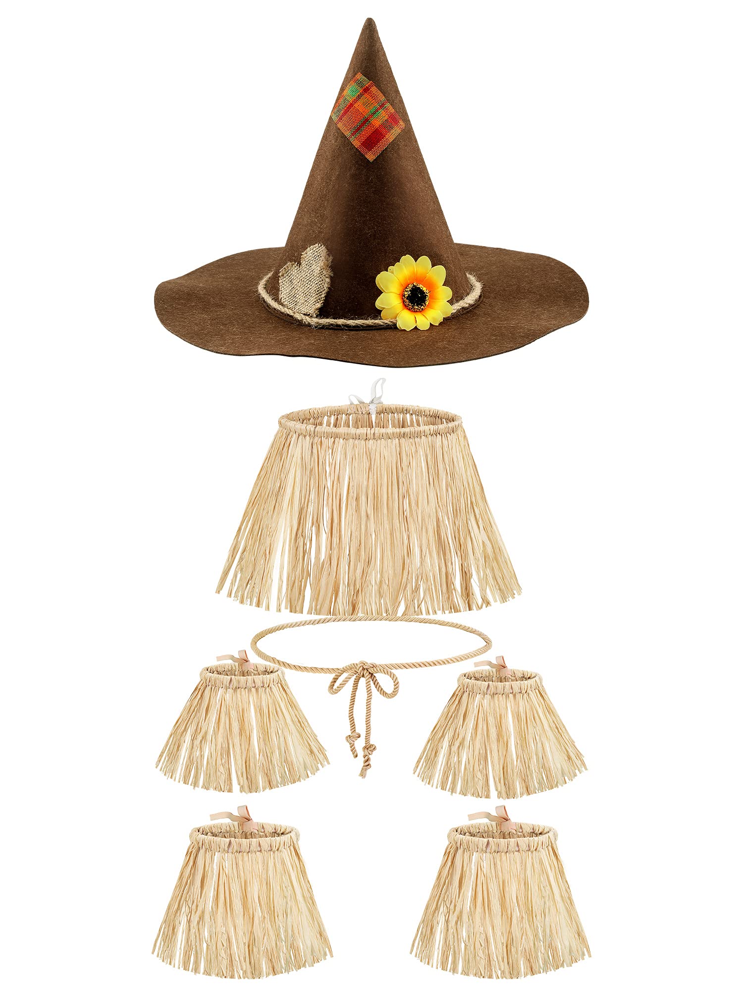 Geyoga 7 Pieces Scarecrow Costume Set Include Raffia Scarecrow Straw Kit Scarecrow Hat for Halloween Harvest Party Accessory