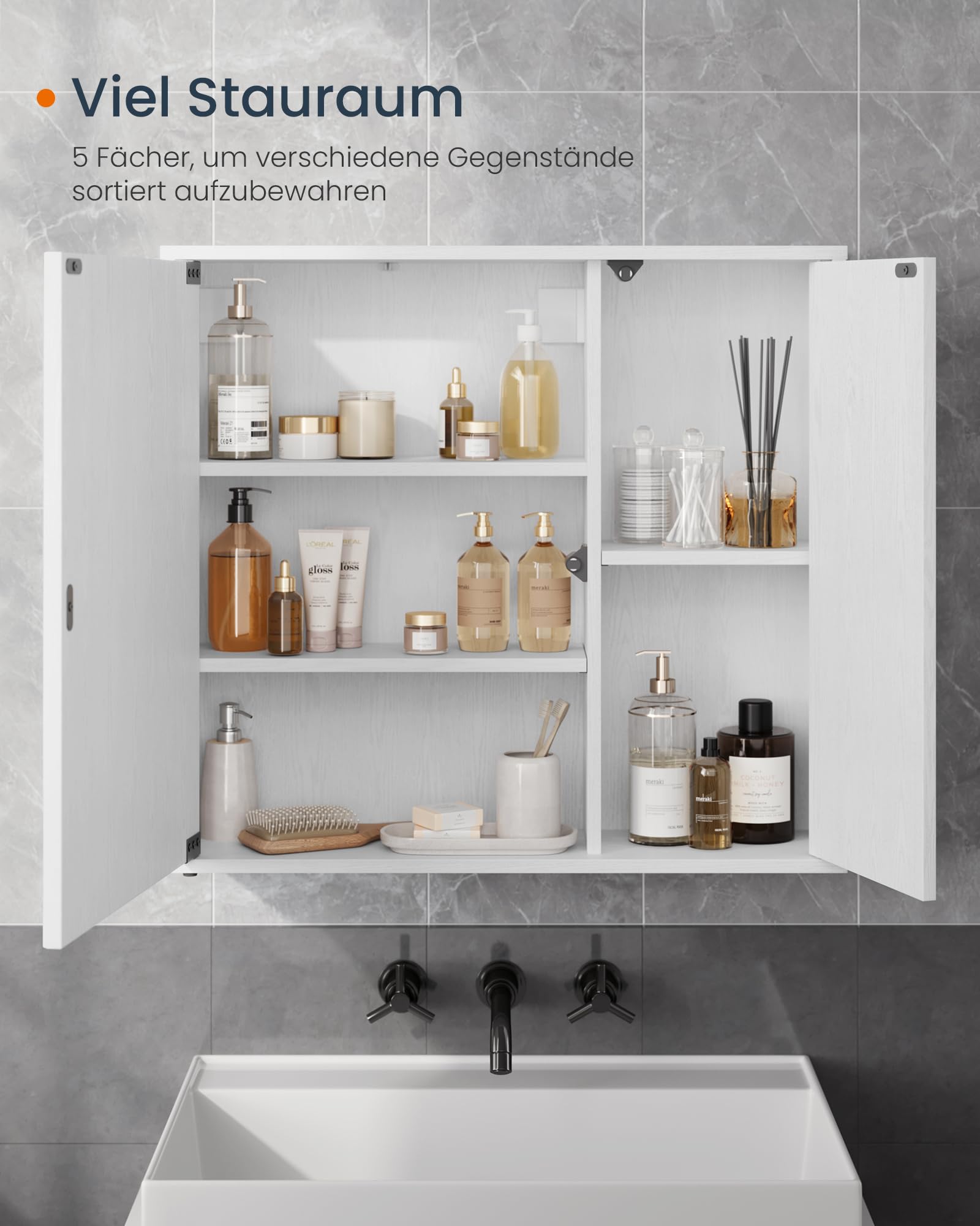 SONGMICS Home Spiegelschrank, Snapsemble – superschnelle Montage | Badezimmerschrank, Badspiegel, verstellbare Ablagen, modern, 15 x 60 x 55 cm, schneeweiß, KADIN Kollektion BBC114WE01