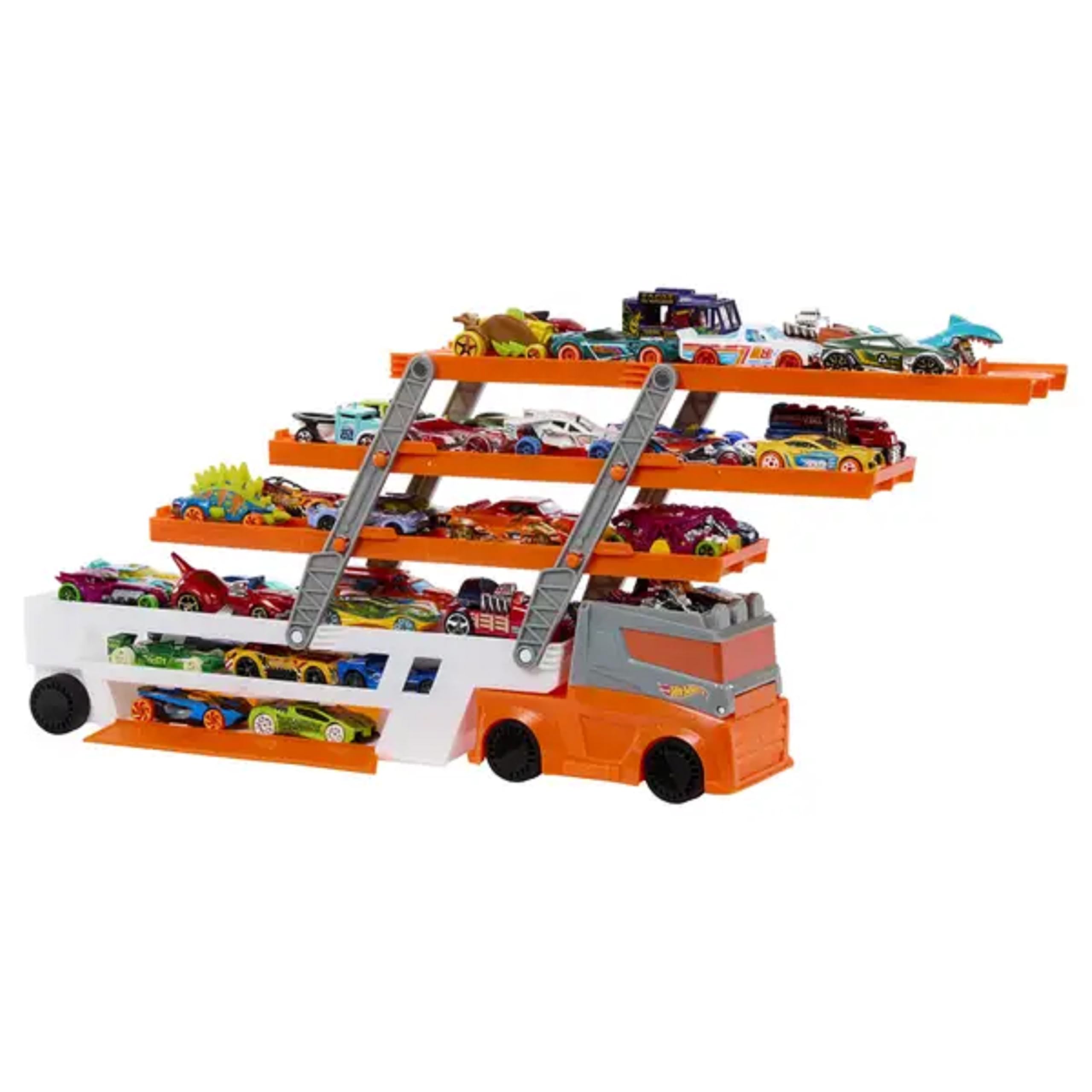 Hot Wheels HW Mega Hauler 4 Fahrzeuge Maßstab 1:64 Die-Cast Cars, Erweiterbare Ebenen & Rennbahn, Rot & Orange, skurriler Stil, ab 3 Jahren