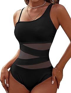 Women's Sexy One Piece Bathing Suits One Shoulder Swimsuits Slimming Mesh Swimwear