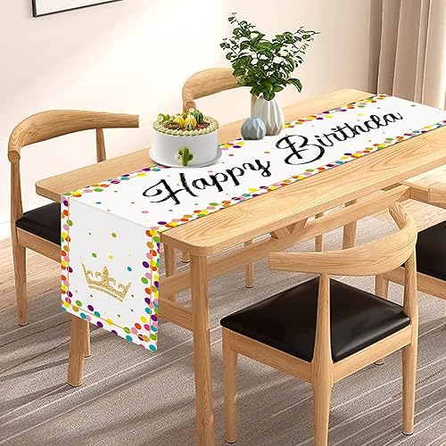 Miniatura 6 de Camino de mesa de feliz cumpleaños, blanco con coloridos lunares corona, camino de mesa para celebrar fiesta de cumpleaños, suministros de