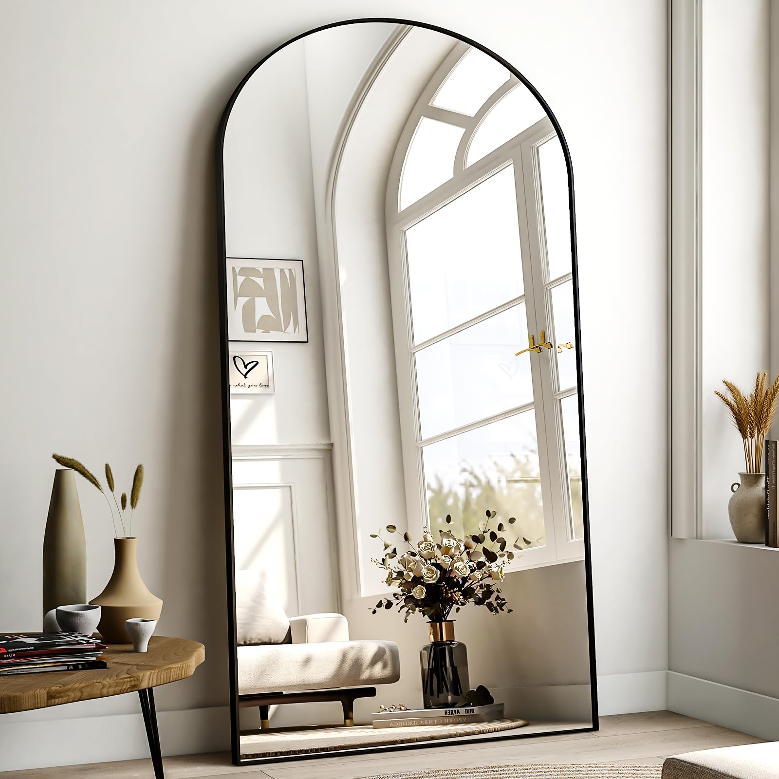 BEAUTYPEAK Großer Bogen Ganzkörperspiegel 218x102 cm, Gewölbter Standspiegel hängend oder lehnend an die Wand, groß Bodenspiegel mit Ständer für Schlafzimmer, Wohnzimmer oder Ankleidezimmer, Schwarz