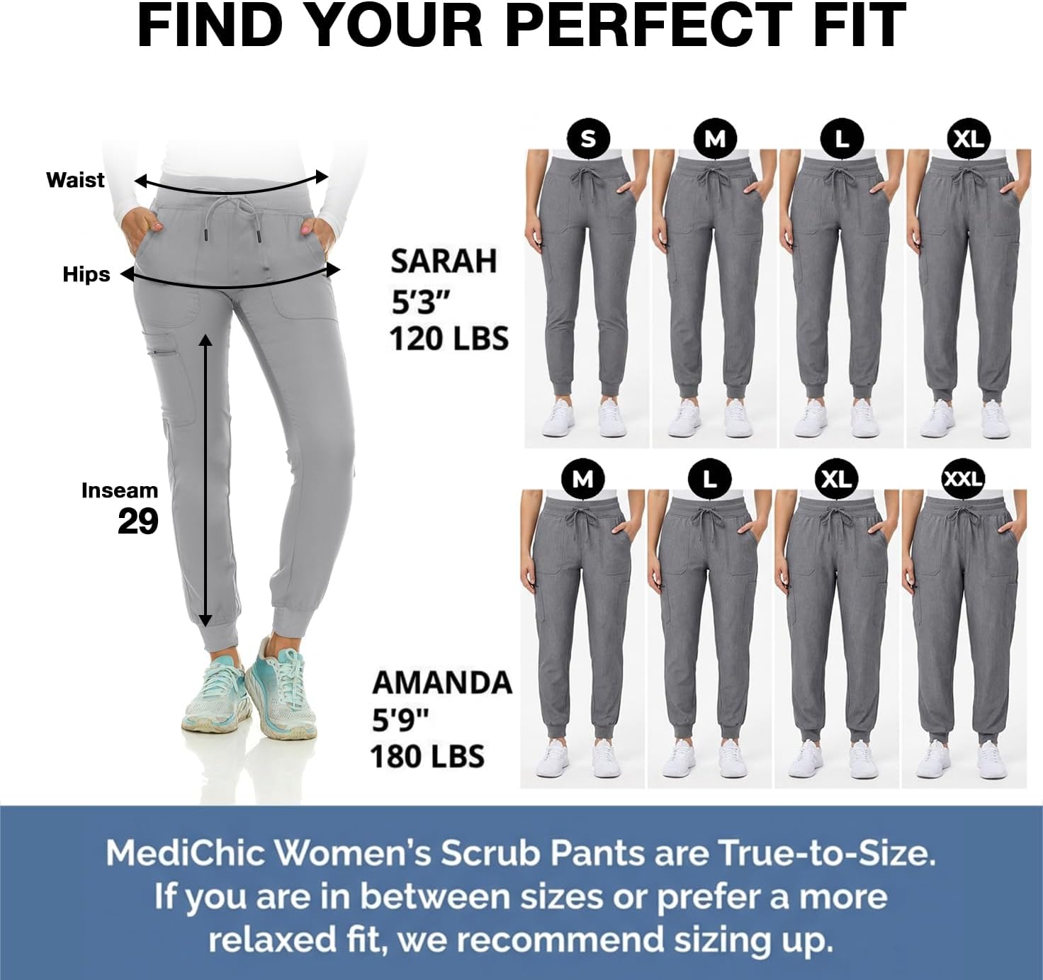 MediChic Jogger Scrub Pants for Women, Soft 4-Way Stretch Women's Medical Scrub Pants, 6-Pockets with Ribbed Waistband
