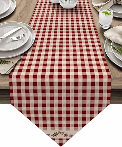Camino de mesa, bufandas de tocador, color rojo burdeos, búfalo, vintage, estrella, baya, vid, algodón, lino, arpillera, cubierta de mesa estilo