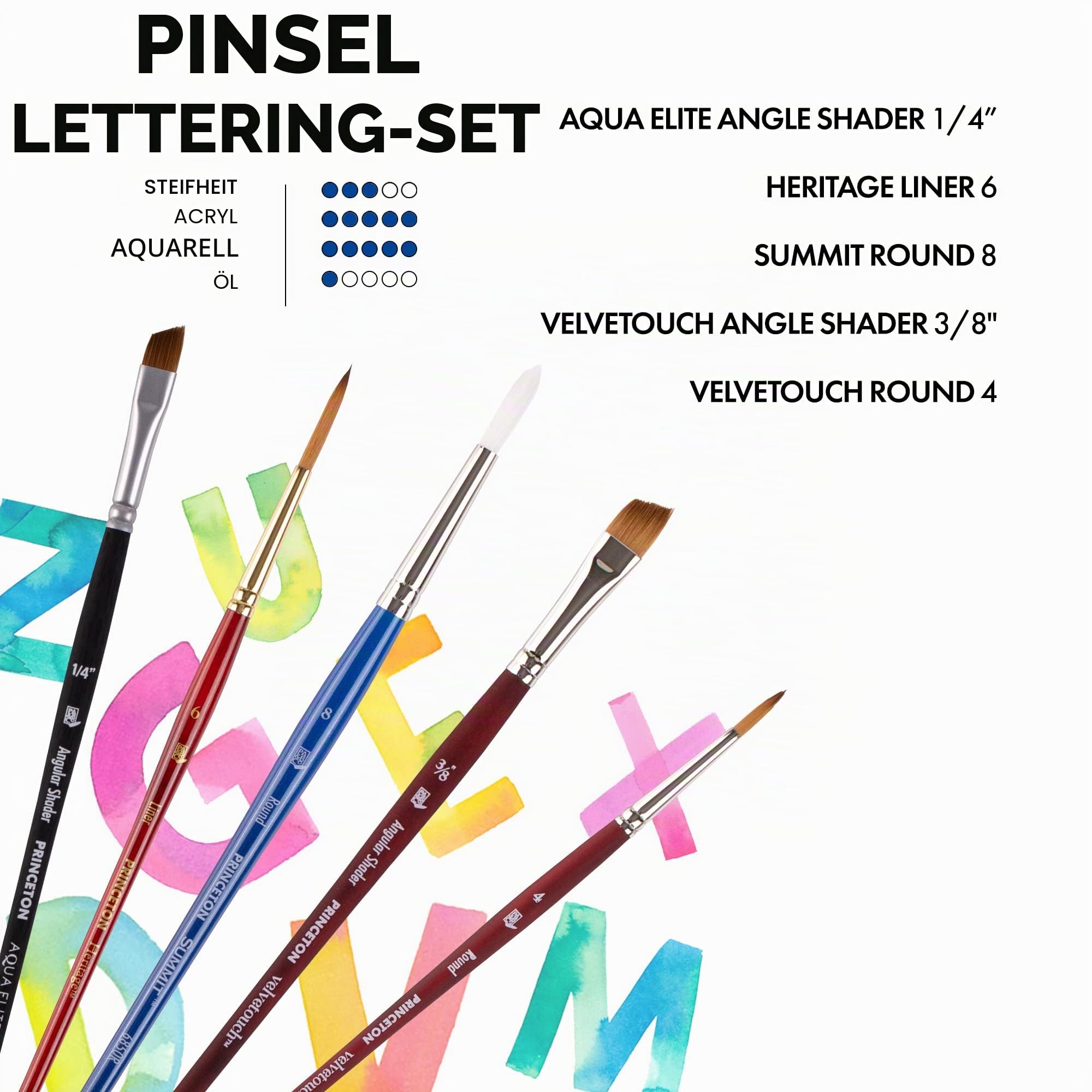 PRINCETON Artist Brush Set, Lettering Pinselset, 5 sortierte Pinsel für Lettering