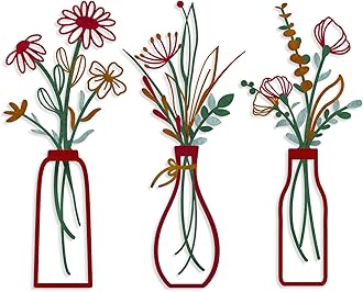 3 Pieces Metal Vase Flowers Wall Arts - Rustic Farmhouse Style Décor Metal Wall Art Black Minimalist Flower Natural Themed Wall Decors for Home Bedroom Dining Room Housewarming (Red, Vase-C)