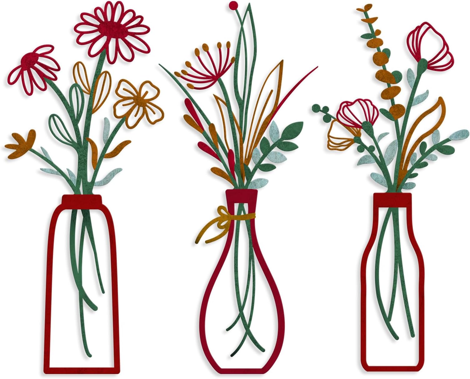 3 Pieces Metal Vase Flowers Wall Arts - Rustic Farmhouse Style Décor Metal Wall Art Black Minimalist Flower Natural Themed Wall Decors for Home Bedroom Dining Room Housewarming (Red, Vase-C)