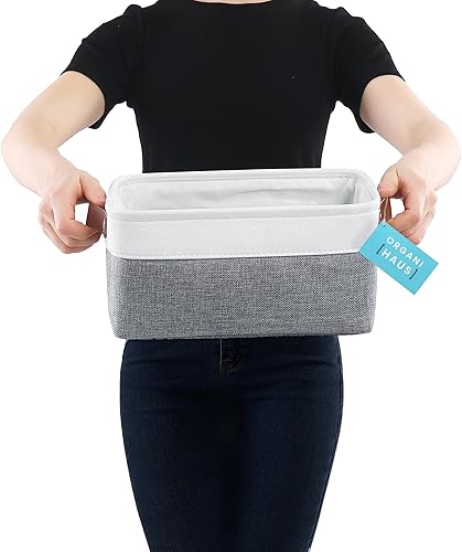 Vista 48 de OrganiHaus - Canastas de almacenamiento estrechas, 15 x 06 pulgadas, pequeñas, para estantes, armarios, baños, organizador de tela con asas, Beige