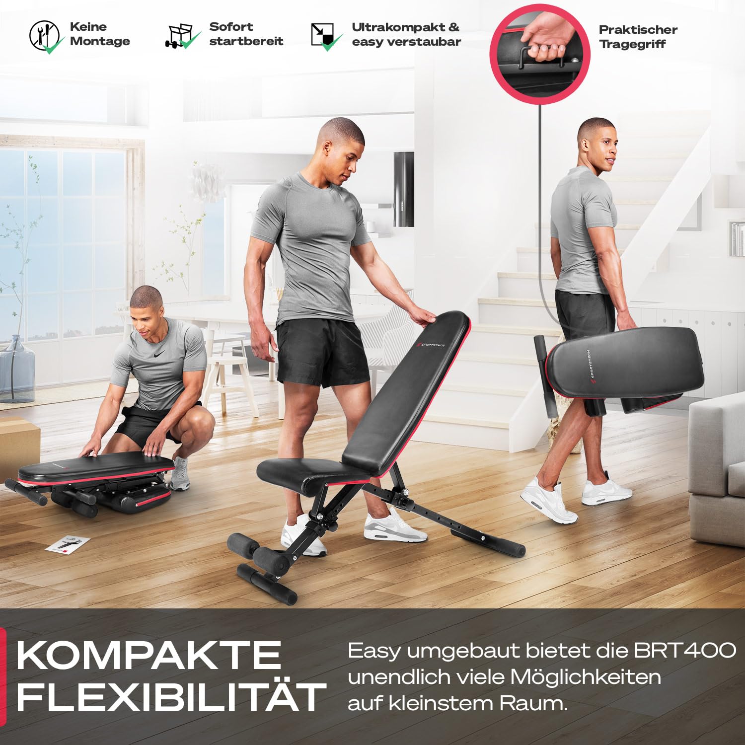 Sportstech Hantelbank – Faltbar, Hochwertig, Verstellbar, Schräg & Flach, 180 kg Belastbar – Fitnessgeräte für Zuhause, Bauchtrainer für Zuhause & Mehr als 40 Kombinationen | BRT400