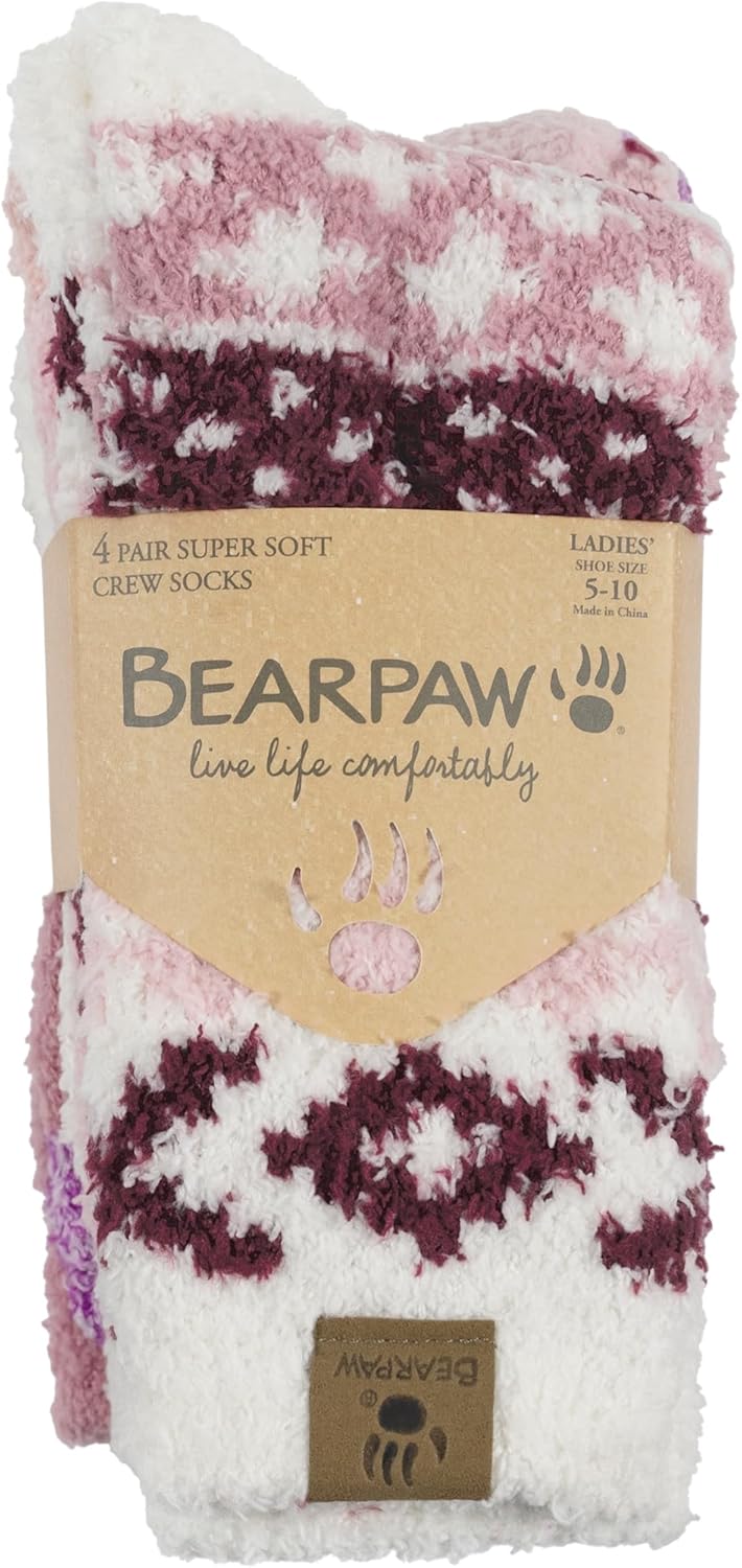 BEARPAW 4 Pair Pack Cozy Super Soft Lounge Socks Multi Pattern Crew Socks - Image 4