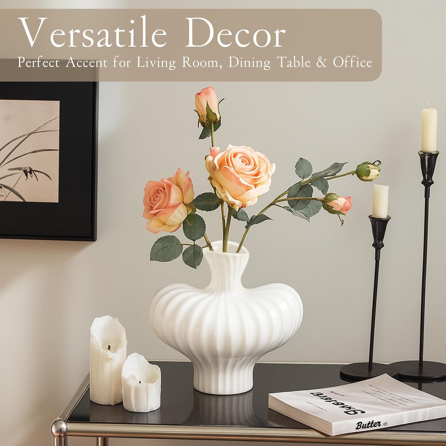 Ruckae White Ceramic Vase 7.5 Inch Vintage Flower Vase Cute Pumpkin Vases for Pampas Grass,Home Decor,Farmhouse,Office Decor,Table and Kitchen Shelf - Image 5