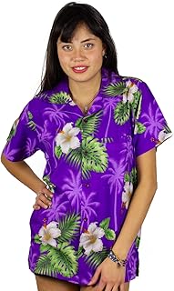 V.H.O. Funky Hawaiian Shirt Blouse Women Shortsleeve Frontpocket Hawaiian-Print Leaves Flowers Allover Unisex