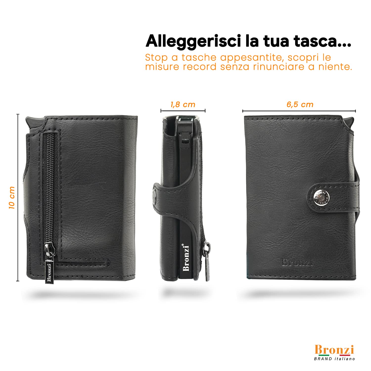 Bronzi® Portafoglio Uomo Slim Piccolo | Portacarte Uomo Donna Portatessere Porta Carte Di Credito | Portafogli Mini Protezione RFID con Portamonete | Box Regalo - Brand Italiano
