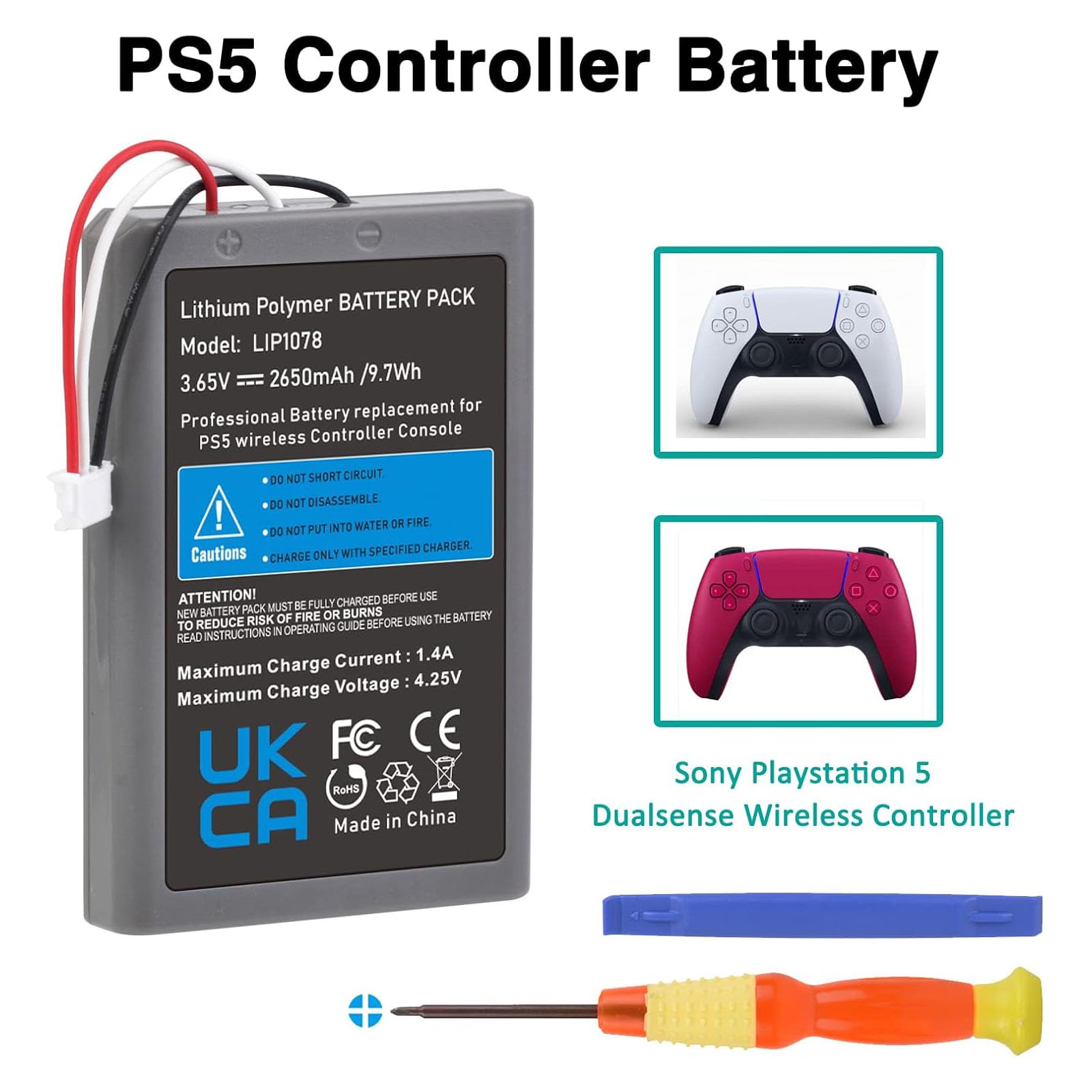Lot de 2 batteries de rechange PS5 Lip1708, 2650 mAh, pour manette sans fil Sony PlayStation 5 DualSense CFI-ZCT1W