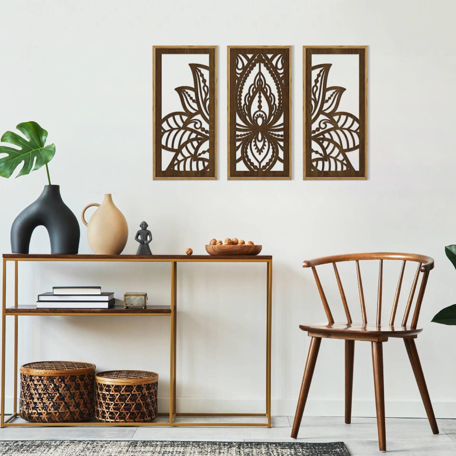 HPNIUB 3PCS Lotus Flower Wall Decor, Mandala Carved Wood Sign for Yoga Room, Spiritual Meditation Wooden Hanging Plaque Home Decor for Living Room Office Bathroom Decoration(8x16Inch)