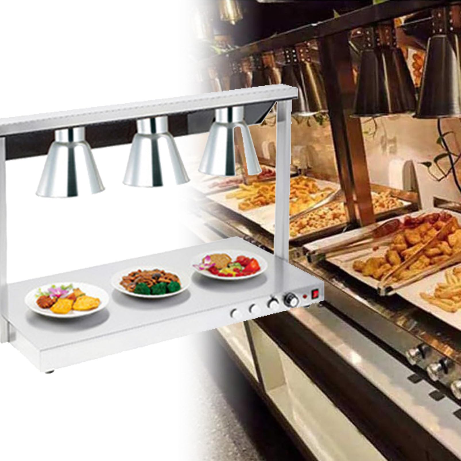 JKJZSALJ Commercial Food Warmer Lamp, Stainless Steel Buffet Heater For Restaurants And Kitchens, Ideal For Keeping Pizza And Food Warm,Silver,threeheads