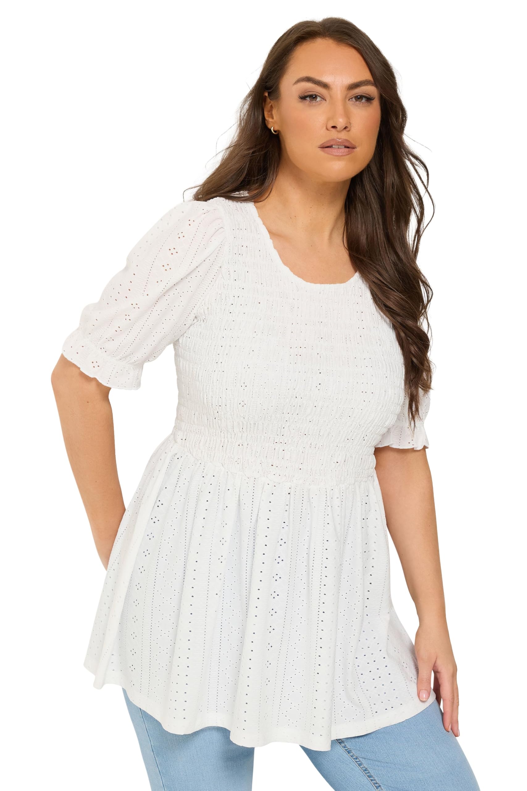 Yours Women's White Broderie Anglaise Shirred Puff Sleeve Top In | Size: 26-28
