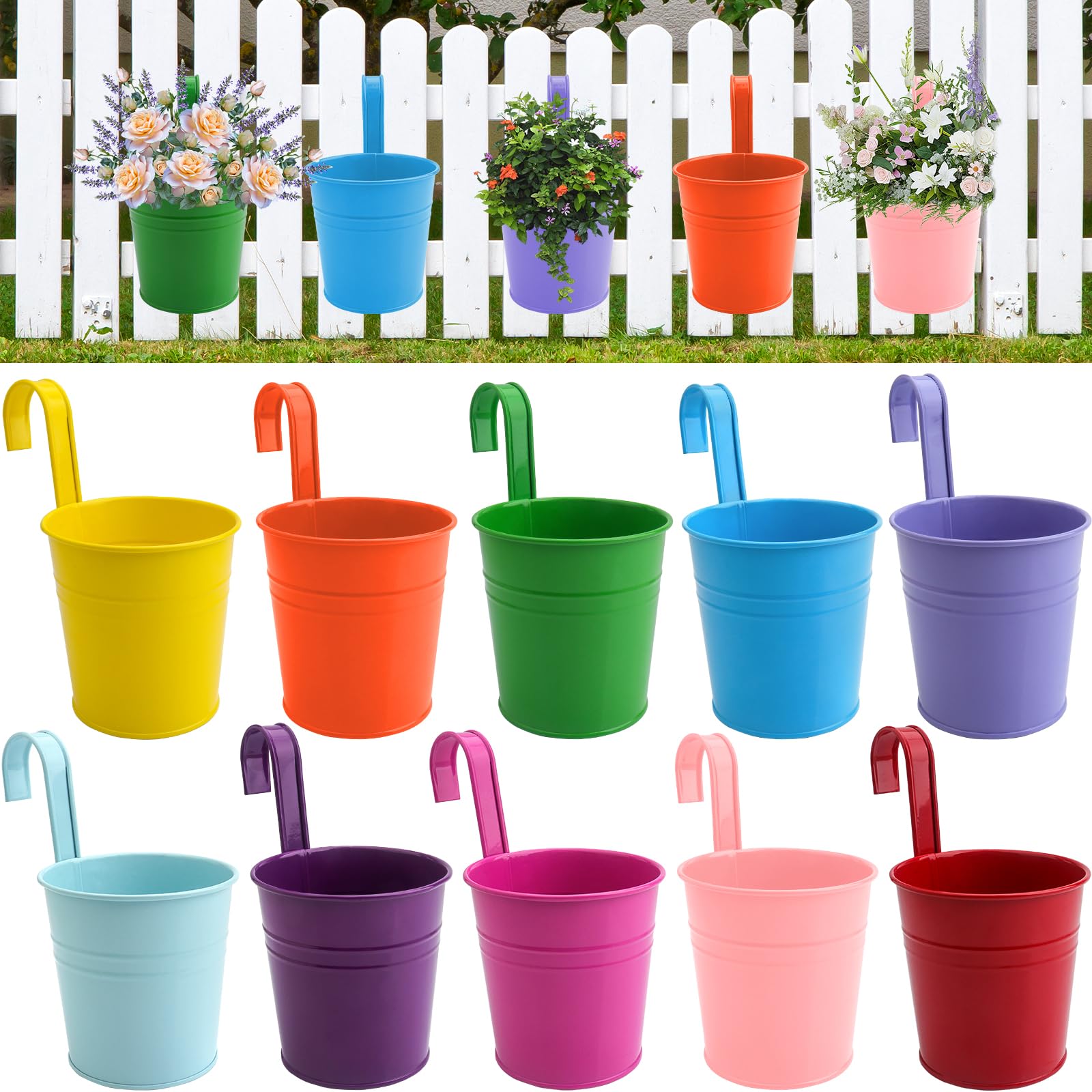 LHNNDM 10PCS Iron Hanging Flower Pots, 10CM Colorful Plant Pot Vase With Detachable Hook, Detachable Hooks and Drainage Holes Hanging Herb Planter for Balcony Fence Garden Home Decor (Colorful, 10cm)