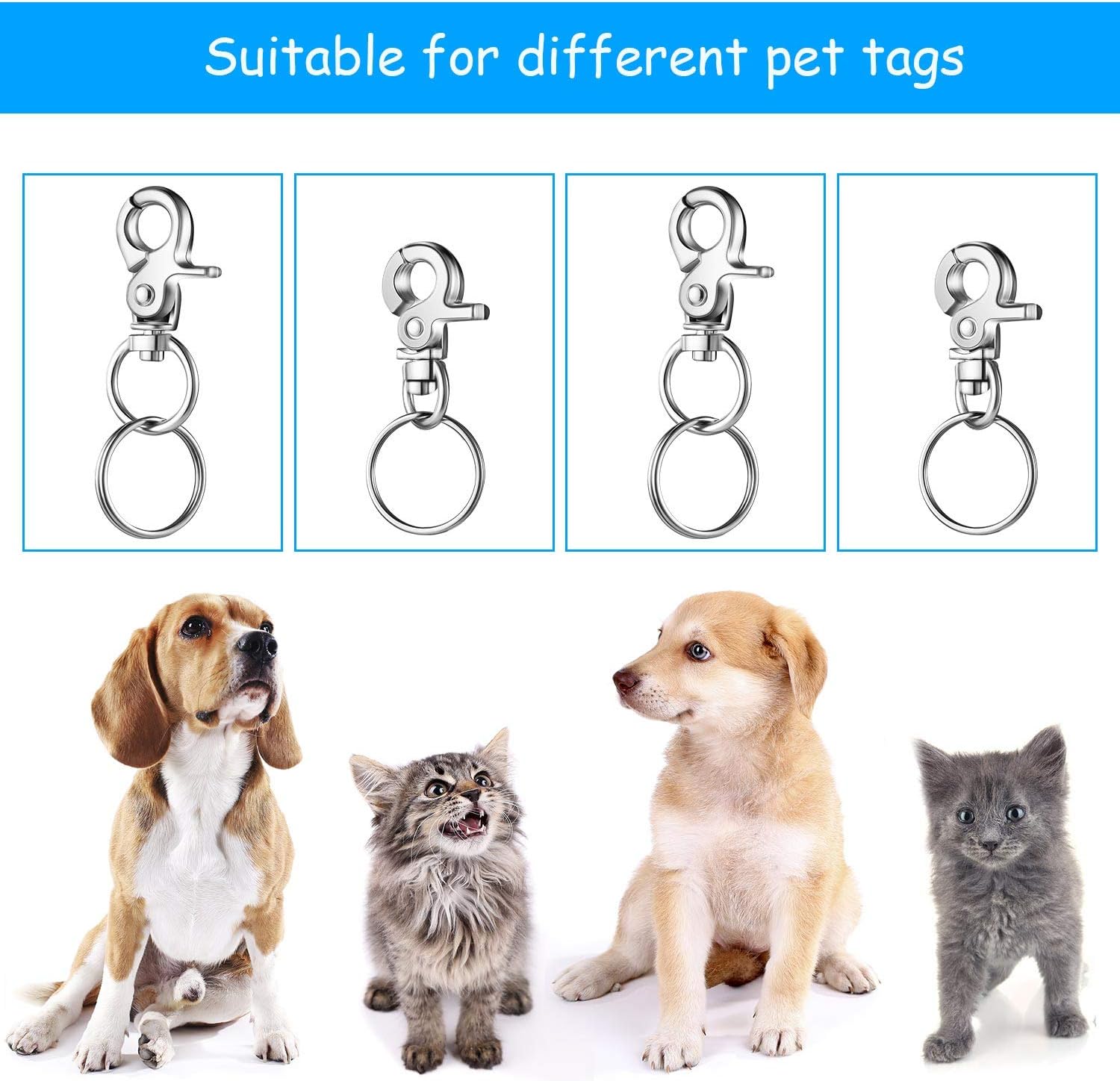 Hotop 4 Pieces Dog Tag Clips Pet ID Tag Clips with 12 Pieces Replaceable 304 Stainless Rings for Pets Collars and Harnesses in 2 Sizes : Pet Supplies