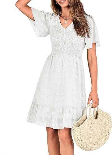 Miniatura 7 de BTFBM - Vestido de vacaciones en la playa para mujer, cuello en V, manga corta, fruncido, plumetí, casual, con volantes,vestidos cortos para