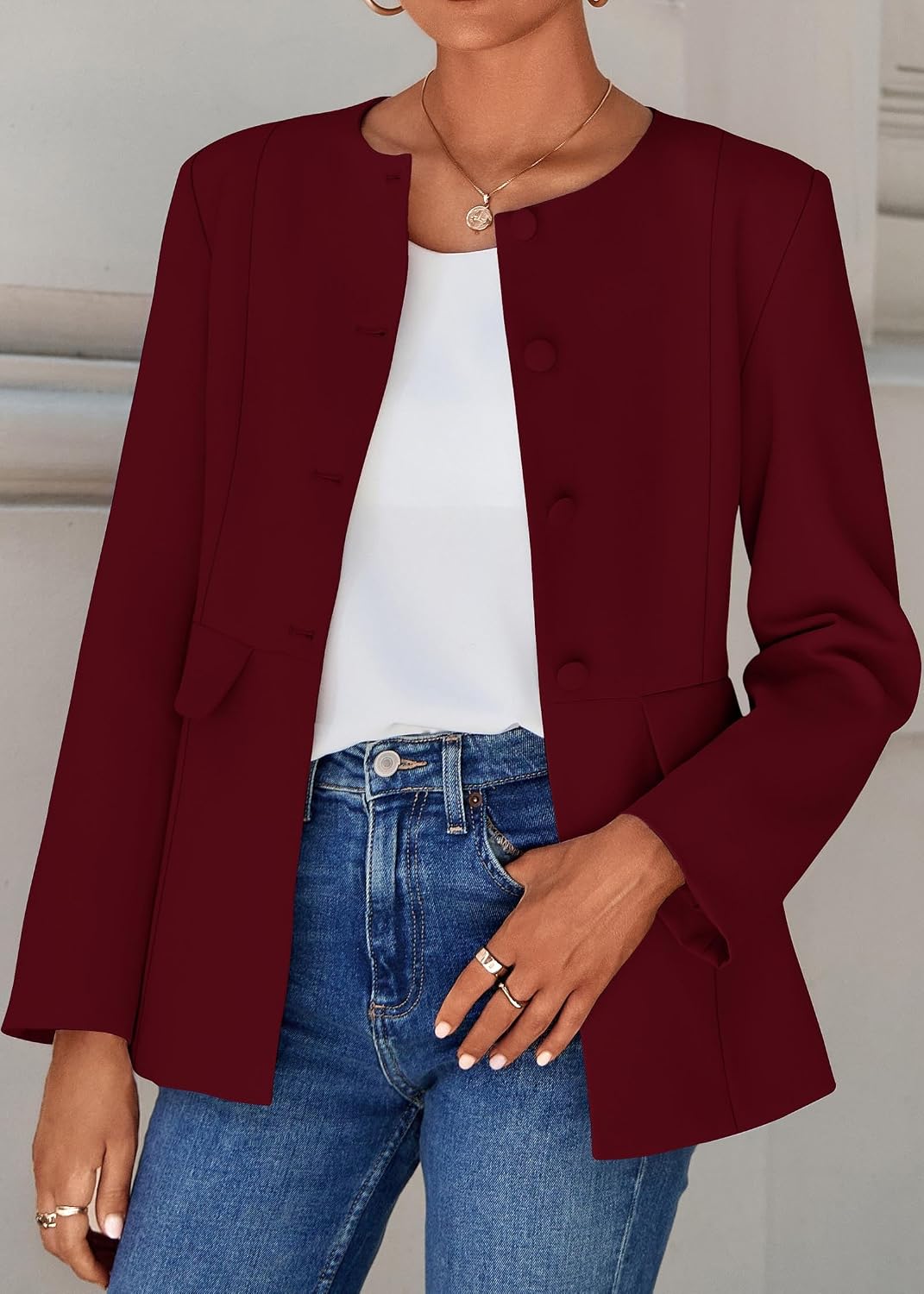 Lazysmile Blazers for Women Long Sleeve Crewneck Button Down Suit Jackets