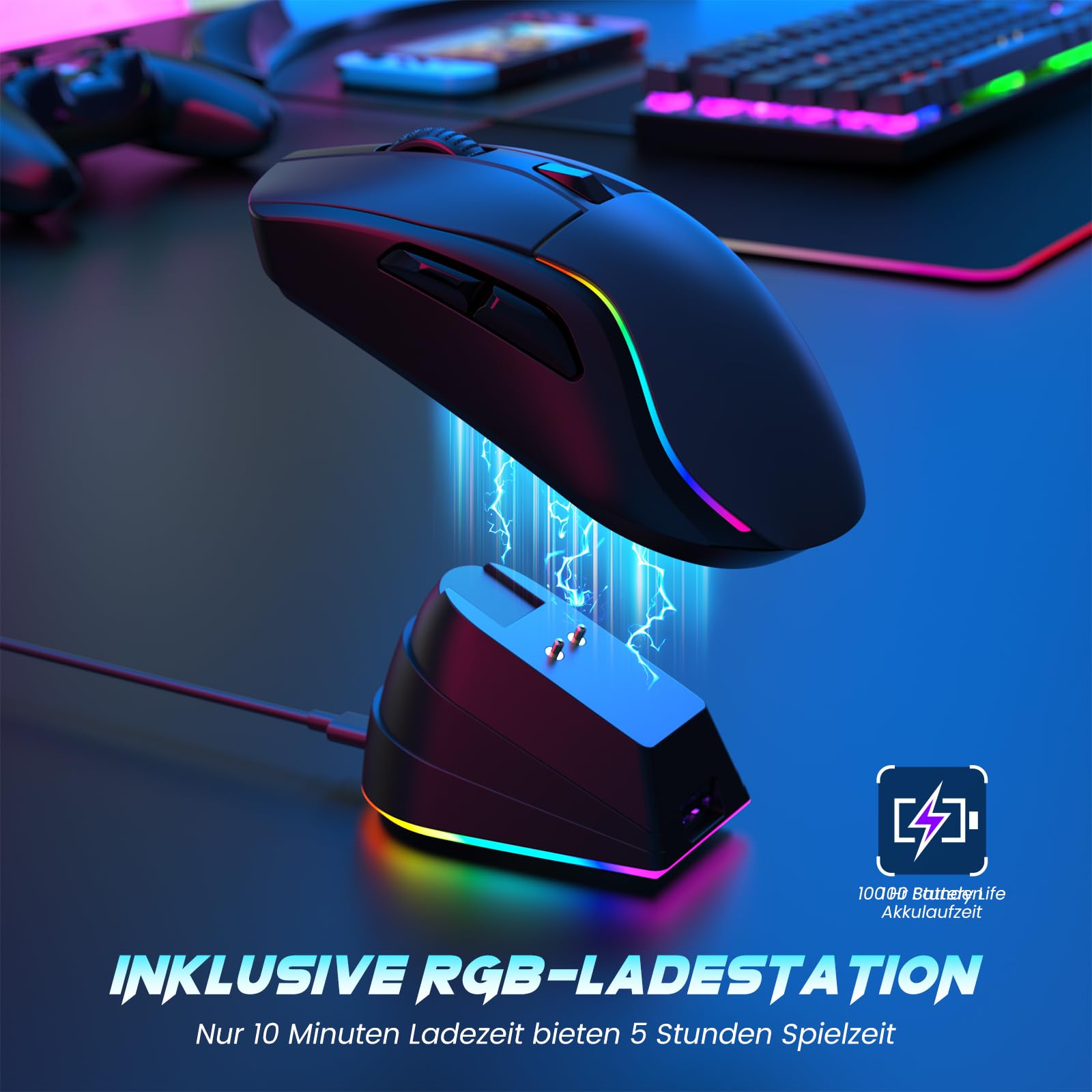 RisoPhy Kabellose Gaming-Maus mit magnetischer RGB-Ladestation, leichte Tri-Mode-Gaming-Maus, kabellos bis zu 20 KDPI, 300 IPS, 1000 Hz mit Chroma-RGB-Hintergrundbeleuchtung, Tasten vollständi