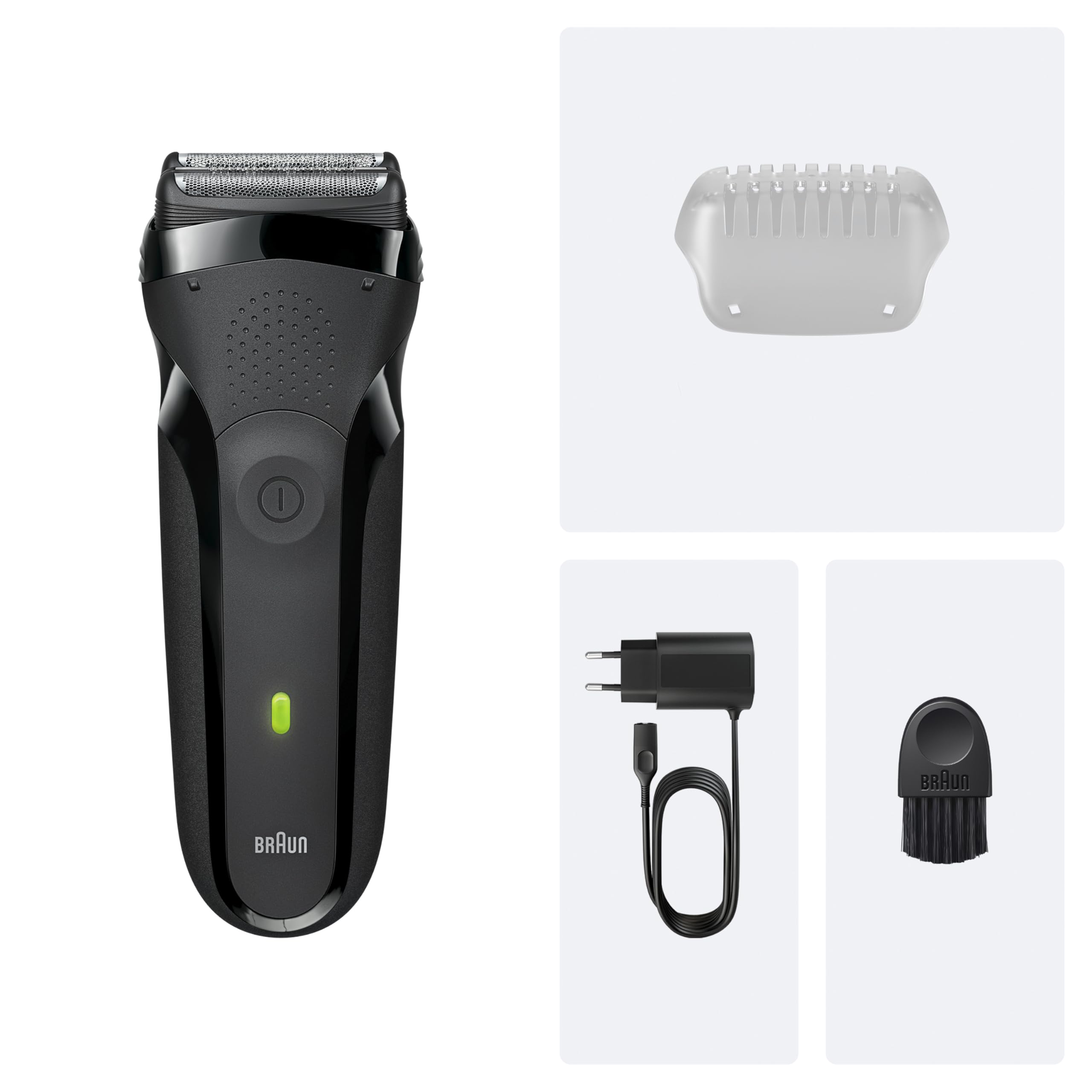 Braun Rasoir Electrique A Barbe Homme Series 3 300S A Grille, Gris, Etanche, Lames Flexibles Pour Bien Raser Le Visage, 5 Sabots, Tondeuse Centrale Et 2 Eléments De Rasage